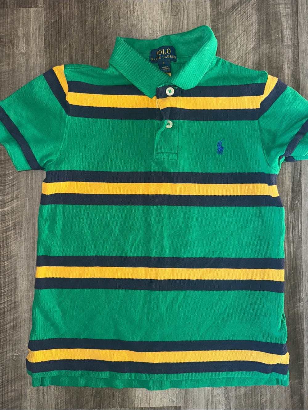 Polo Ralph Lauren Boys Green Multi Stripe Short Sleeve Polo Shirt 6 small navy